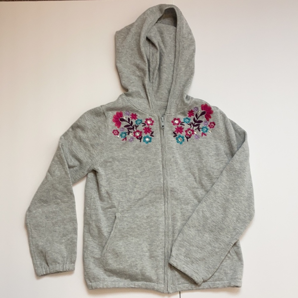 Gymboree Light Gray Embroidered Floral Design Hooded Sweater C56